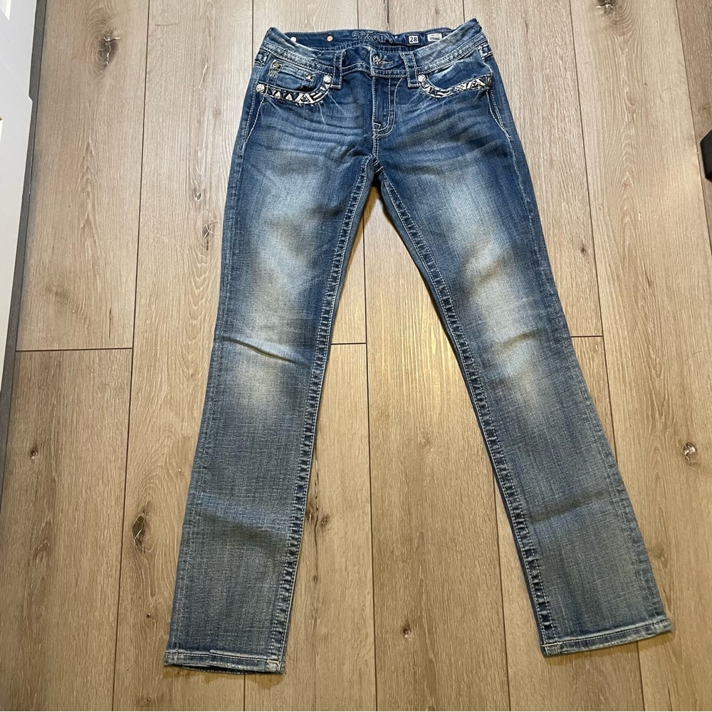 Y2K Miss Me‎ Jeans Size 28 Straight Leg Signature Pocket Bling Western Denim